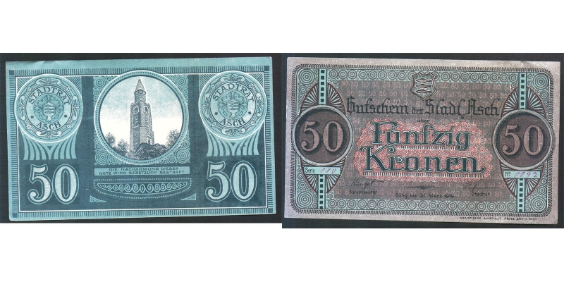 Gutschein der Stadt Asch 50 Kronen 1918