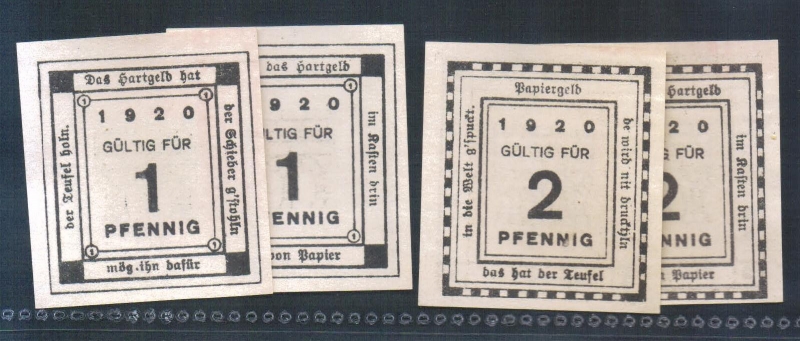 Bayern Kitzingen 1 und 2 Pfennig 1920 4 Stück