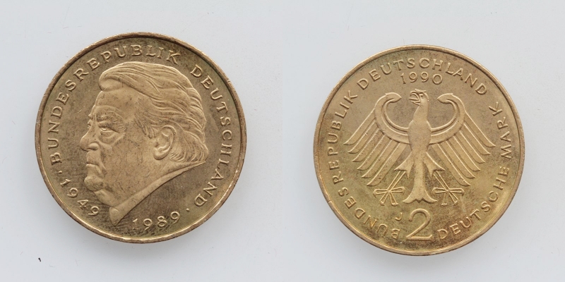 Deutschland 2 Mark 1989 Strauß vergoldet