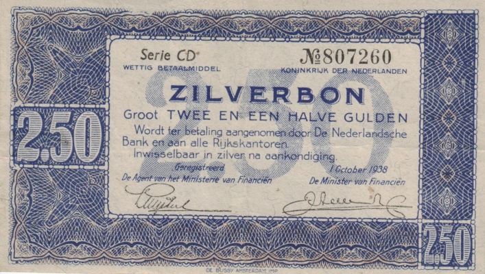 Niederlande Zilverbon 2.50 Gulden 1938