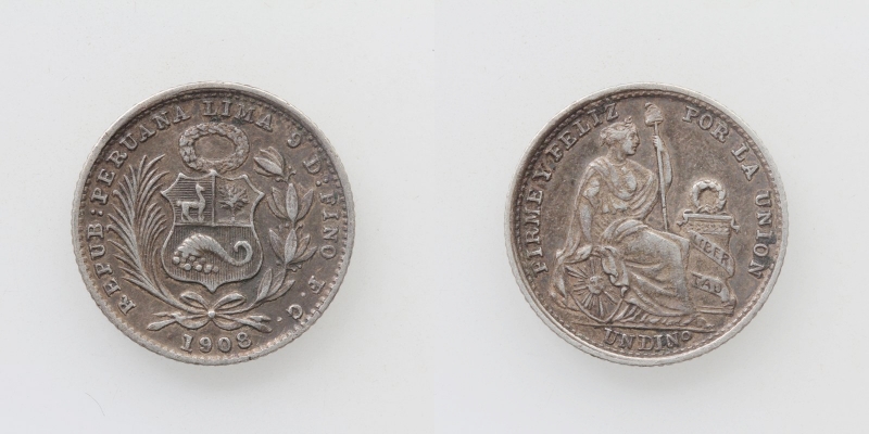 Peru 1 Dinero 1908 FG Silber