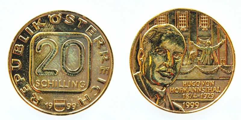 Österreich 20 Schilling 1999 Hugo von Hofmannsthal vergoldet