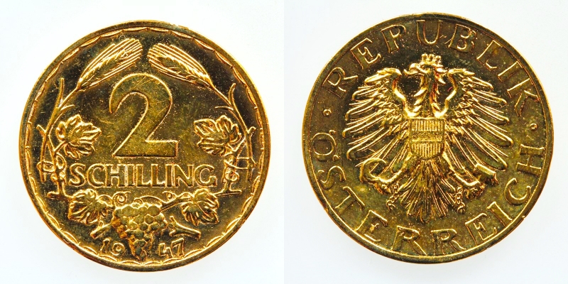 Österreich 2 Schilling 1947 Allu vergoldet