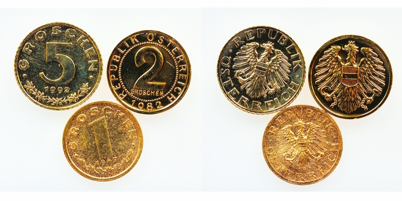 Österreich 1, 2, 5 Groschen 1947/82/92 vergoldet