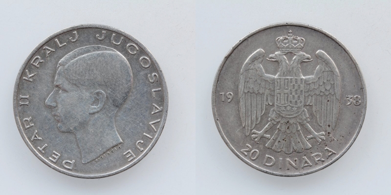 Jugoslawien Petar II. 20 Dinara 1938 Silber