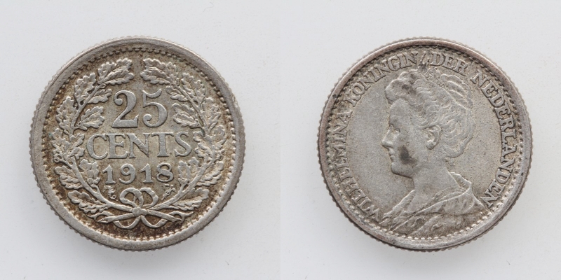 Niederlande Wilhelmina I. 25 Cent 1918 Silber