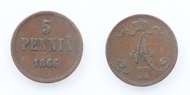 Russland Finnland Alexander II. 5 Penniä 1866