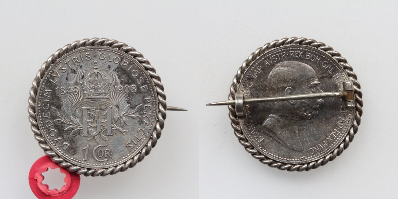 Brosche Franz Joseph I. 1 Krone 1908 Jubiläum Silber