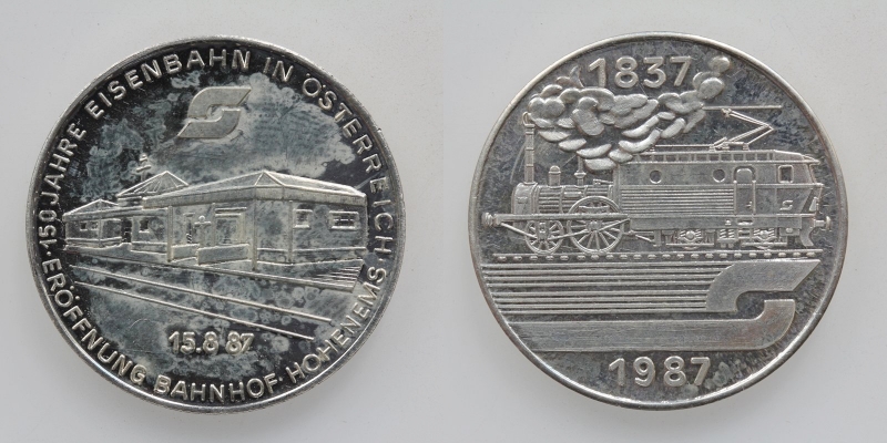 Medaille Österreichische Bundesbahnen 1987 Bahnhof Hohenems