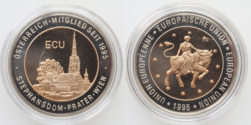 Österreich ECU Medaille 1995 Stephansdom Prater Wien Bimetall