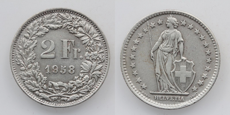 Schweiz 2 Franken 1958 B