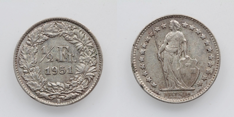 Schweiz 50 Rappen 1/2 Franken 1951 B