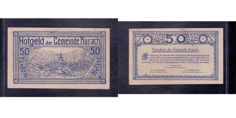 OÖ Notgeld Gemeinde Aurach 50 Heller 1920