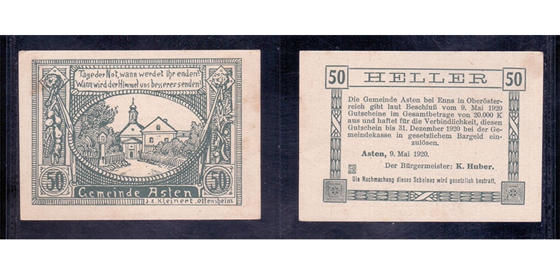 OÖ Notgeld Gemeinde Asten 50 Heller 1920