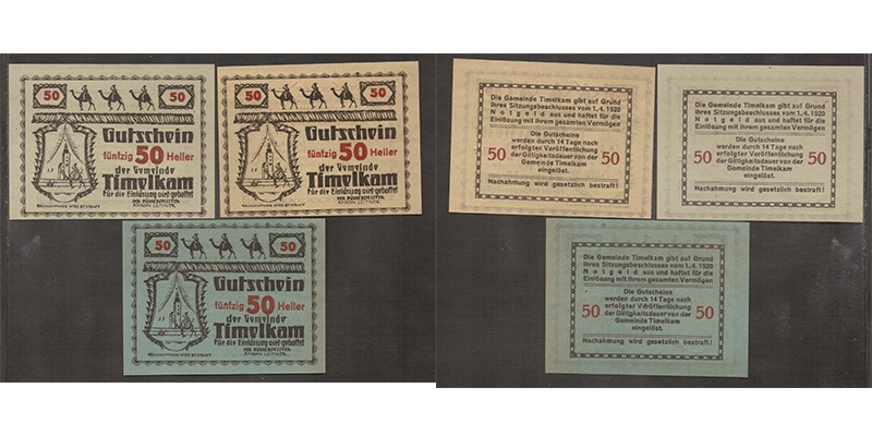 OÖ Gutschein Gemeinde Timelkam 1920 3 x 50 Heller