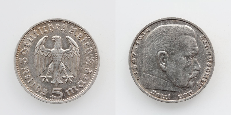 Deutschland 3. Reich 5 Reichsmark 1935 D Hindenburg