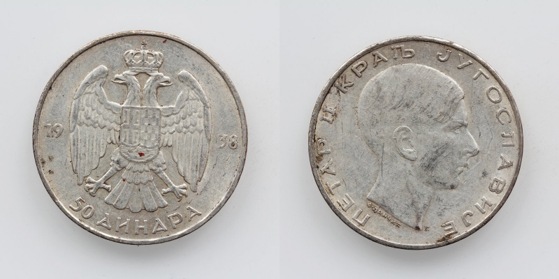 Jugoslawien Petar II. 50 Dinara 1938 Silber