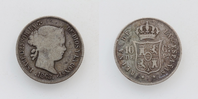 Philippinen Isabella 10 Centimos de Peso 1868 Spanische Herrschaft