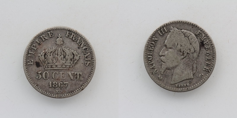 Frankreich Napoleon III. 50 Centimes 1867 K Bordeaux