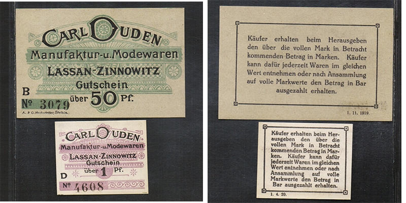 Modewaren Lassan-Zinnowitz Gutschein 1919/20 Carl Duden