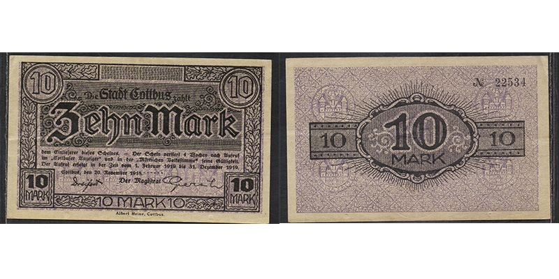 Brandenburg 10 Mark 1918 Cottbus