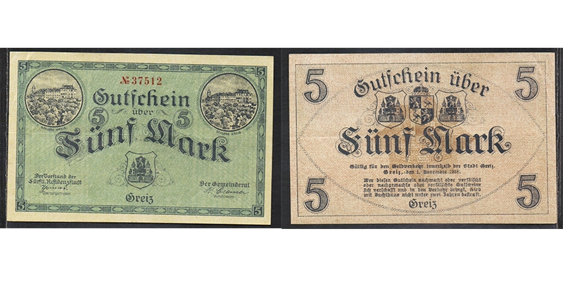 Thüringen 5 Mark 1918 Greiz und Zeulenroda