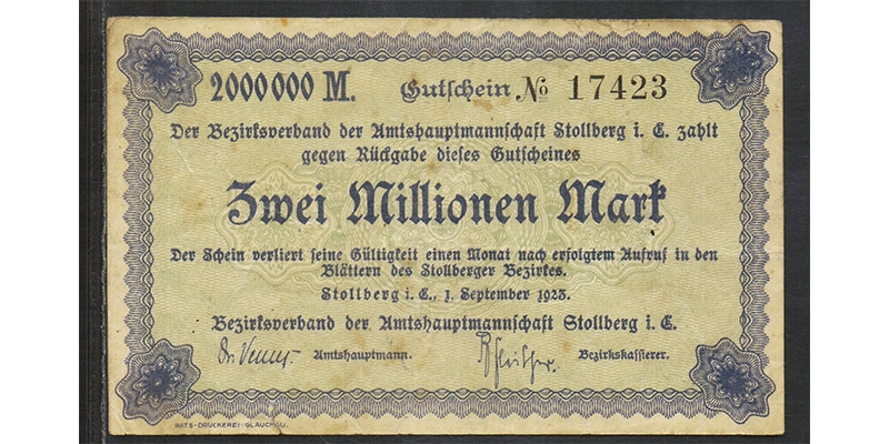 Sachsen 2 Millionen Mark 1923 Stollberg / Erzgebirge