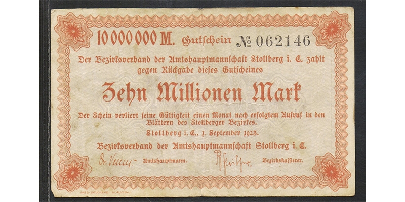 Sachsen 10 Millionen Mark 1923 Stollberg / Erzgebirge