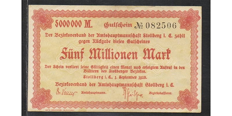 Sachsen 5 Millionen Mark 1923 Stollberg / Erzgebirge