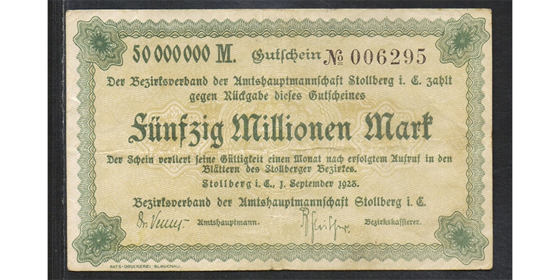 Sachsen 50 Millionen Mark 1923 Stollberg / Erzgebirge