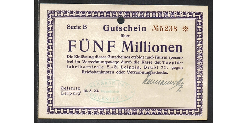 Sachsen 5 Millionen Mark 1923 Oelsnitz i. V. Leipzig