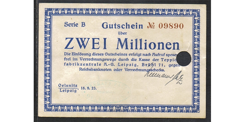 Sachsen 2 Millionen Mark 1923 Oelsnitz i. V. Leipzig