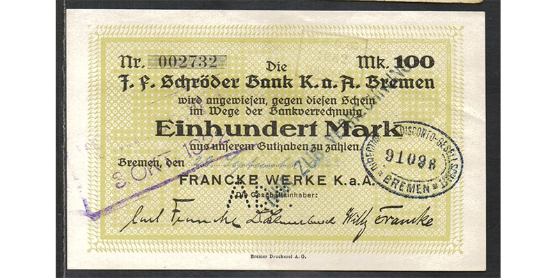 Bremen 100 Mark 1923 Francke Werke K.a.A.