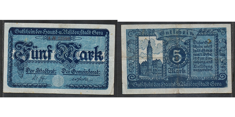 Thüringen 5 Mark 1919 Gera