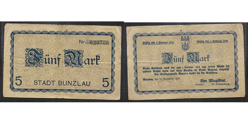 Schlesien 5 Mark 1919 Bunzlau