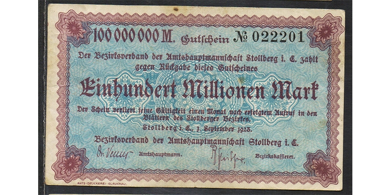 Sachsen 100 Millionen Mark 1923 Stollberg / Erzgebirge