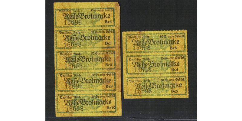 Deutsches Reich Reise-Brotmarke 50 Gramm Gebäck Bogen 8 Stück