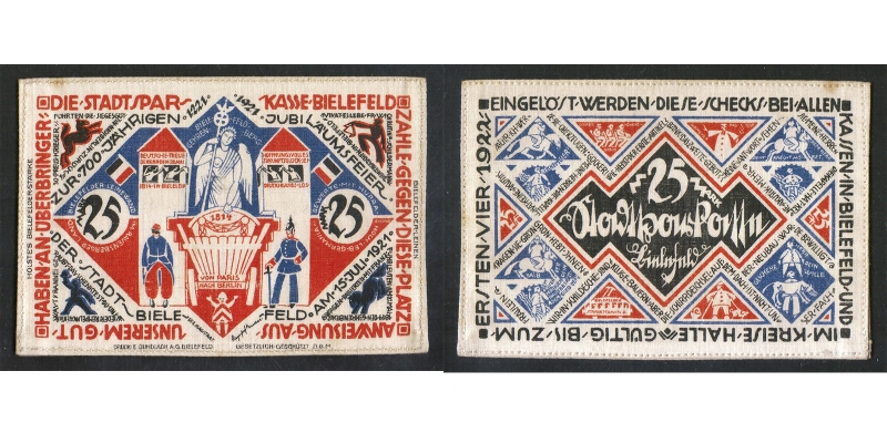 Stadtsparkasse Bielefeld Stoffgeld 25 Mark 1921