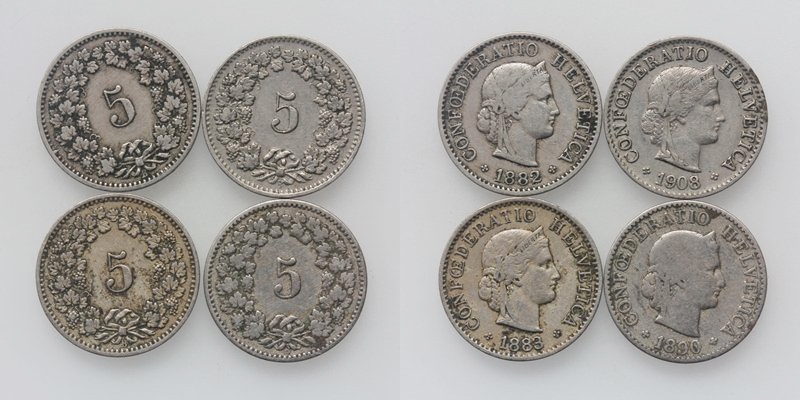 LOT 4 Stück 5 Schweizer Rappen 1882/83/90 1908