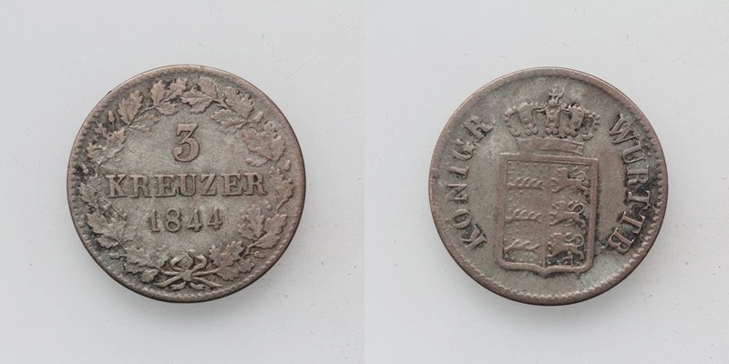 Württemberg Wilhelm I. 3 Kreuzer 1844