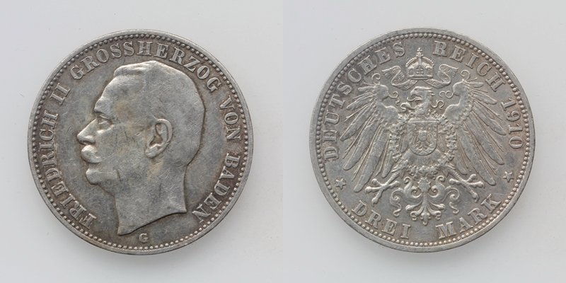 Baden Friedrich II. 3 Mark 1910 G Stuttgart