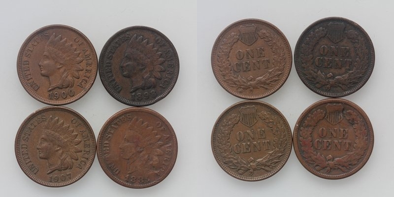 USA Indian Head LOT One Cent 1900/07-1885/98 4 Stück