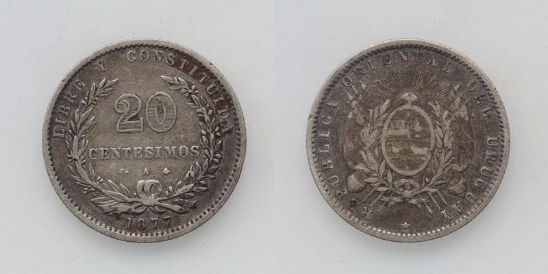 Uruguay Republik 20 Centesimos 1877