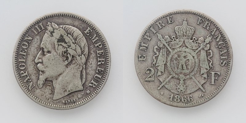 Frankreich Napoleon III. 2 Franc 1866 BB Straßburg