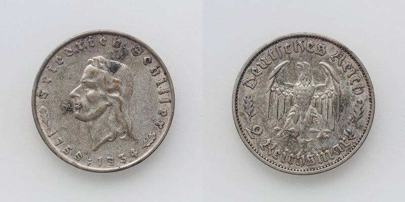 Deutsches Reich 2 Reichsmark 1934 F Schiller