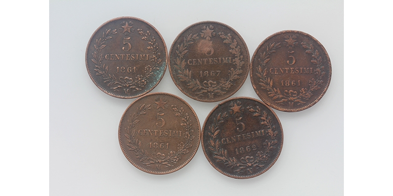 LOT Italien 5 Centesimi 1861 M 1862 N 1867 M 5 Stück