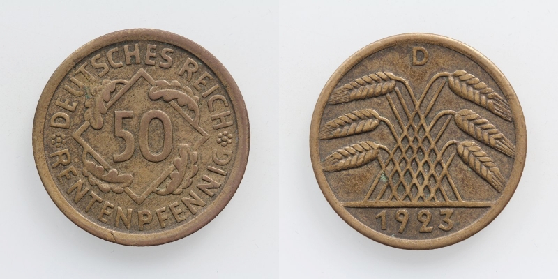 Weimarer Republik 50 Rentenpfennig 1923 D