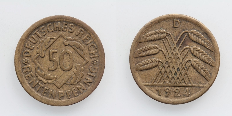 Weimarer Republik 50 Rentenpfennig 1924 D