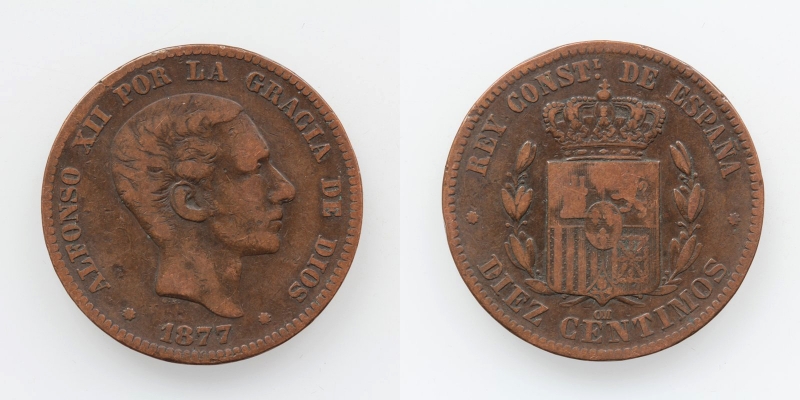 Spanien Alfonso XII. 10 Centimos 1877 OM Barcelona