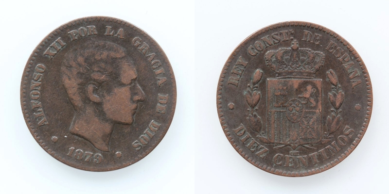 Spanien Alfonso XII. 10 Centimos 1879 OM Barcelona